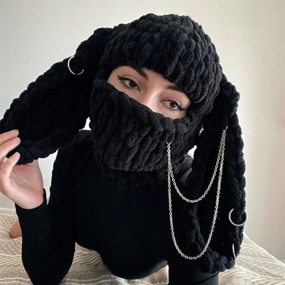 Women Bunny Ear Horn Ski Scarf Winter Warm Hat Knit Balaclava Face Mask